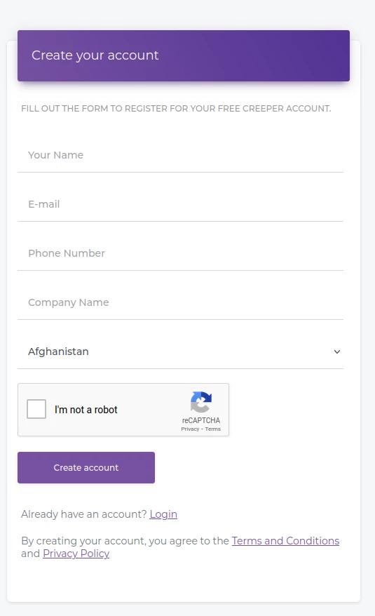 Creating and accessing your Creeper SEO Audit account 1 Creeper SEO Audit web form for creating a free account.