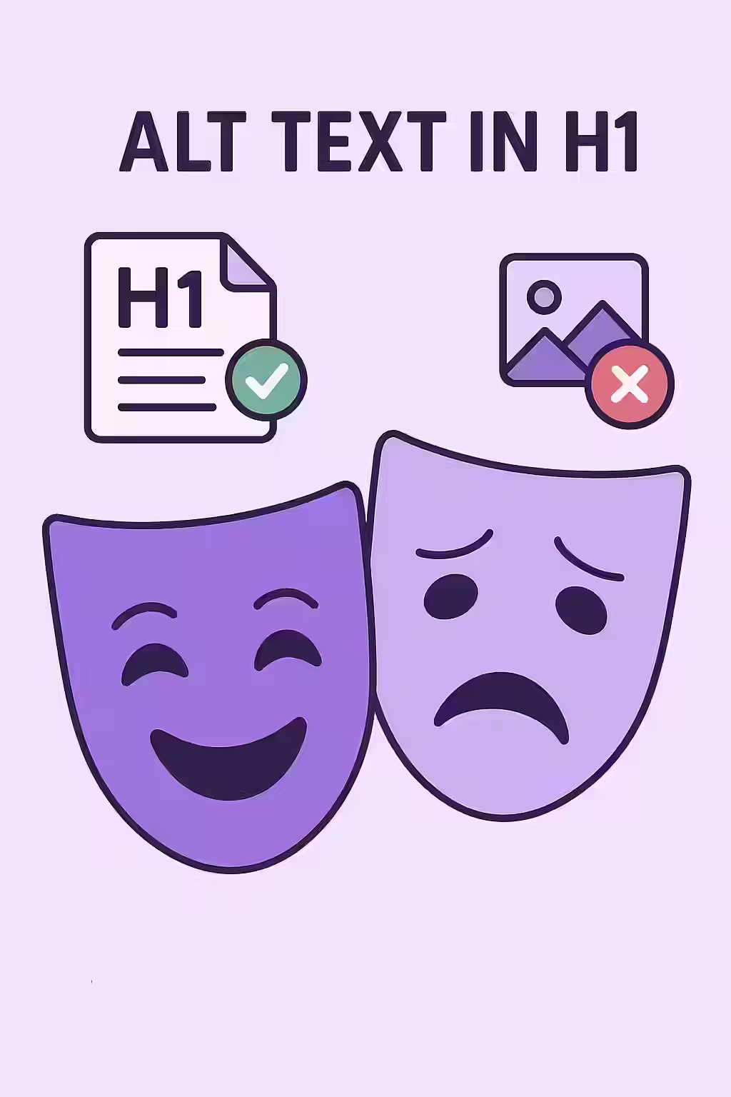 The Two-Faced Page: A Guide to Alt Text in H1 Tags 1 An illustration of two masks, symbolizing the importance of fixing alt text in H1 tags.