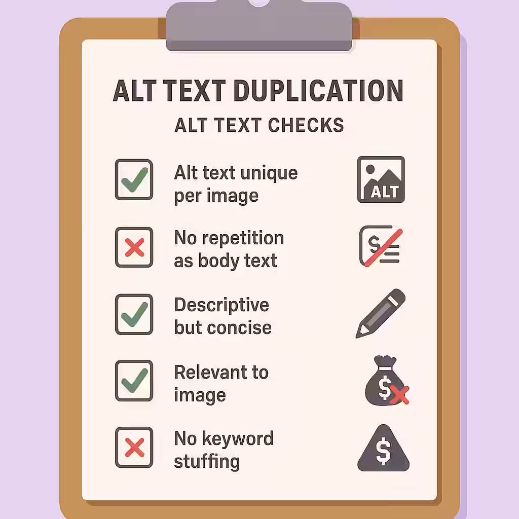 The Echo Chamber: A Guide to Avoiding Repeated Alt Text 2 An illustration of a checklist, symbolizing the importance of making sure your alt text is not repeated as text.
