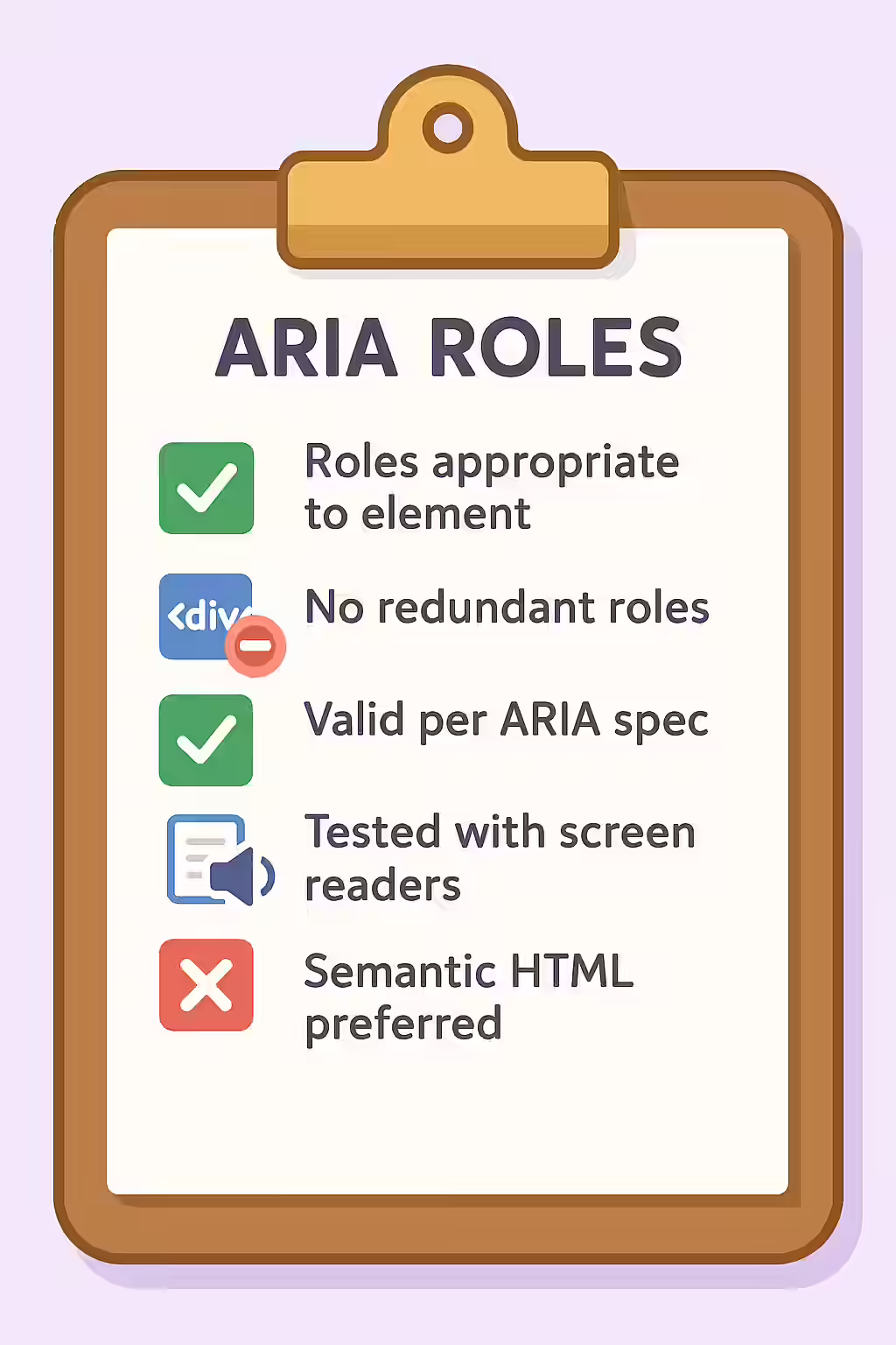 The Right Role: A Guide to Appropriate ARIA Roles 2 An illustration of a checklist, symbolizing the importance of making sure your ARIA roles are appropriate for the element.