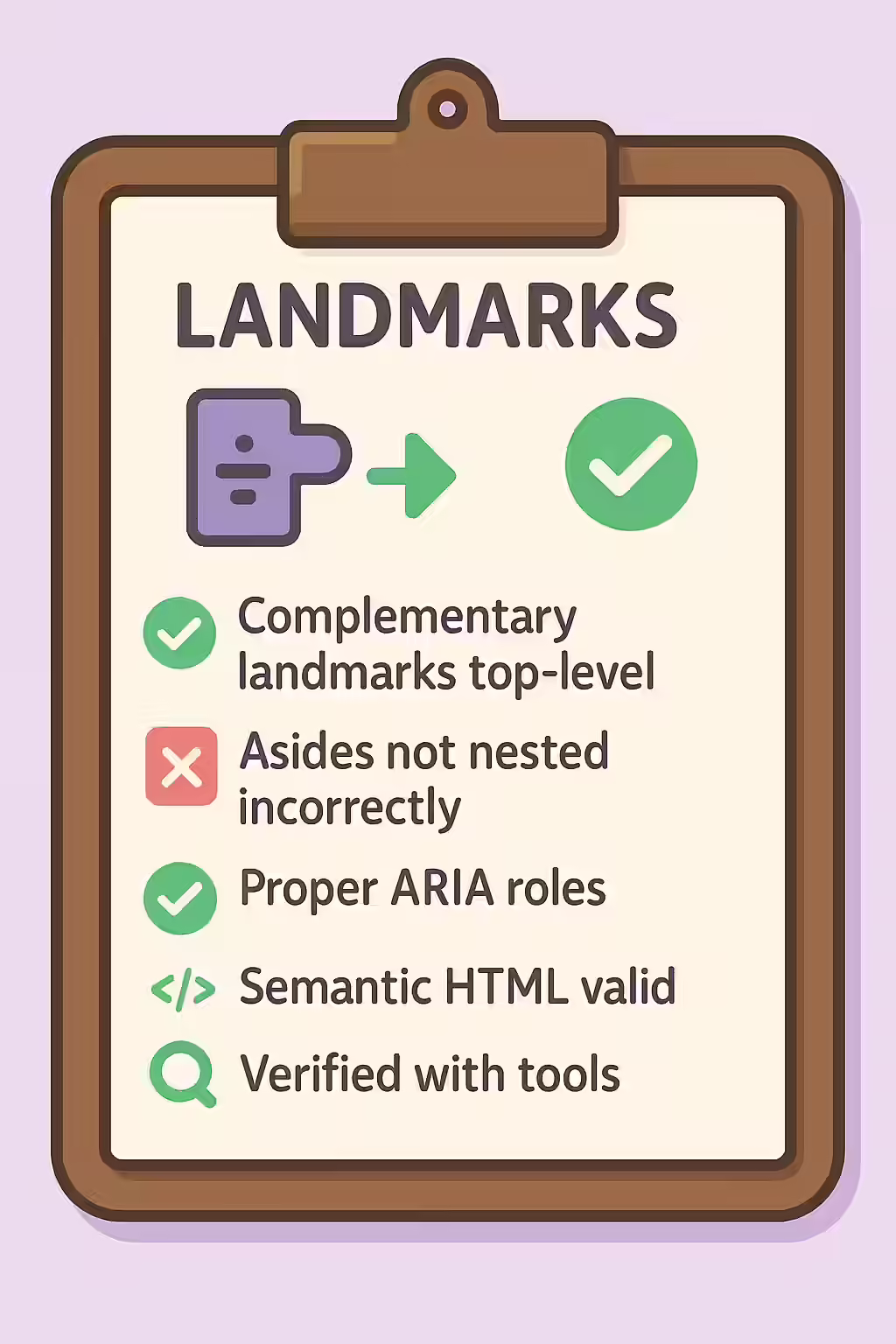The Sidekick: A Guide to Complementary Landmarks and Asides 2 An illustration of a checklist, symbolizing the importance of making sure your complementary landmarks and asides are top-level.