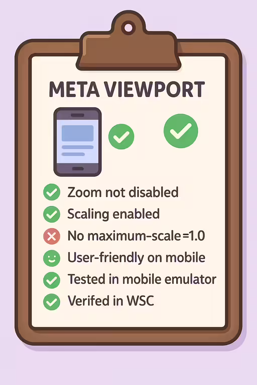 The Unzoomable City: A Guide to the Meta Viewport and Zooming 2 An illustration of a checklist, symbolizing the importance of making sure your meta viewport does not have zooming and scaling disabled.