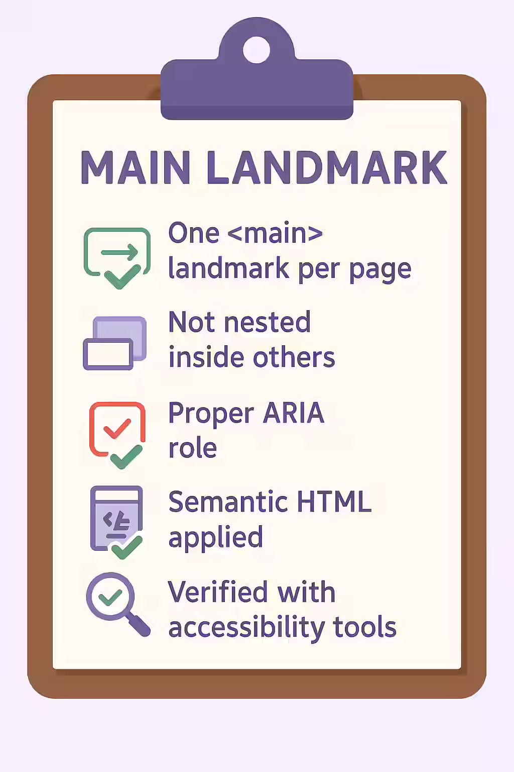 The Main Event: A Guide to the Main Landmark 2 An illustration of a checklist, symbolizing the importance of making sure your pages have one main landmark.