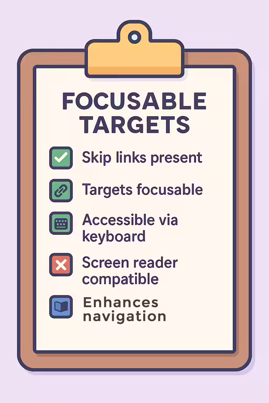 The Express Lane: A Guide to Skip Links 2 An illustration of a checklist, symbolizing the importance of making sure your skip links have a focusable target.