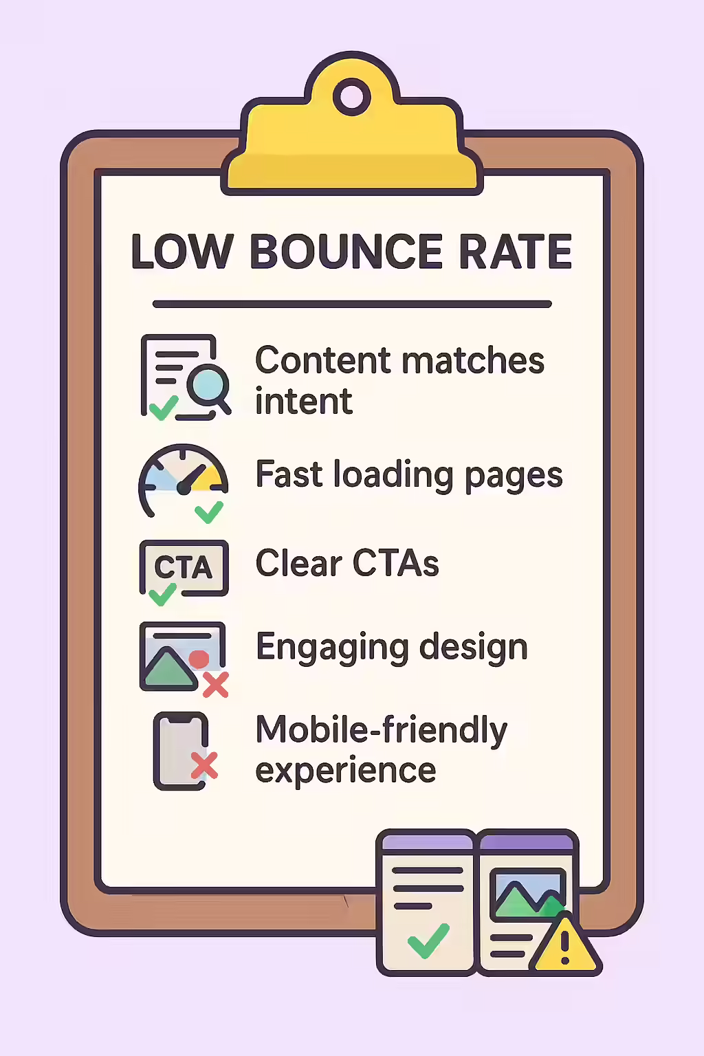 The Revolving Door: A Guide to Bounce Rate and Engagement Rate 2 An illustration of a checklist, symbolizing the importance of making sure your website has a low bounce rate.