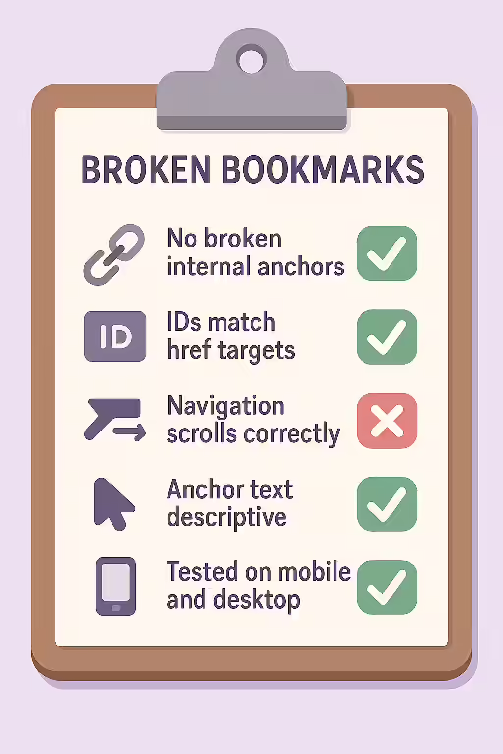 The Broken Jump Link: A Guide to Fragment Identifiers 2 An illustration of a checklist, symbolizing the importance of making sure your website is free of broken bookmarks.