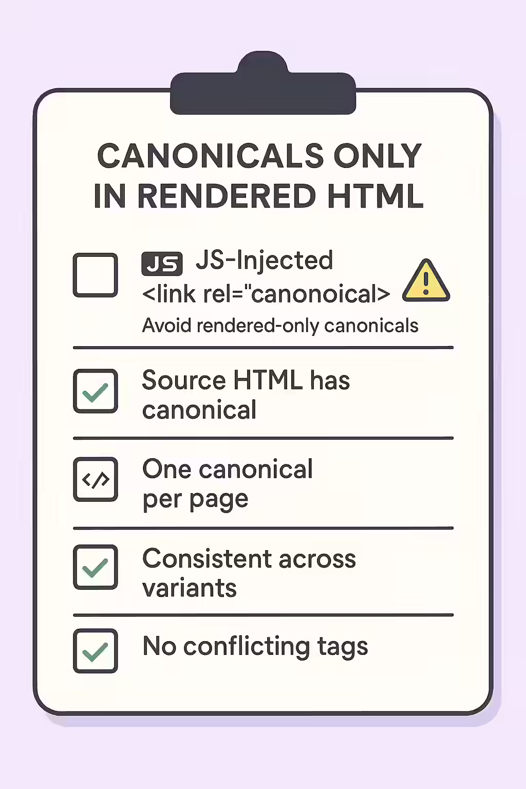 The Hidden Canonical: A Guide to Canonicals Only in Rendered HTML 2 An illustration of a checklist, symbolizing the importance of making sure your website is free of canonicals only in rendered HTML.