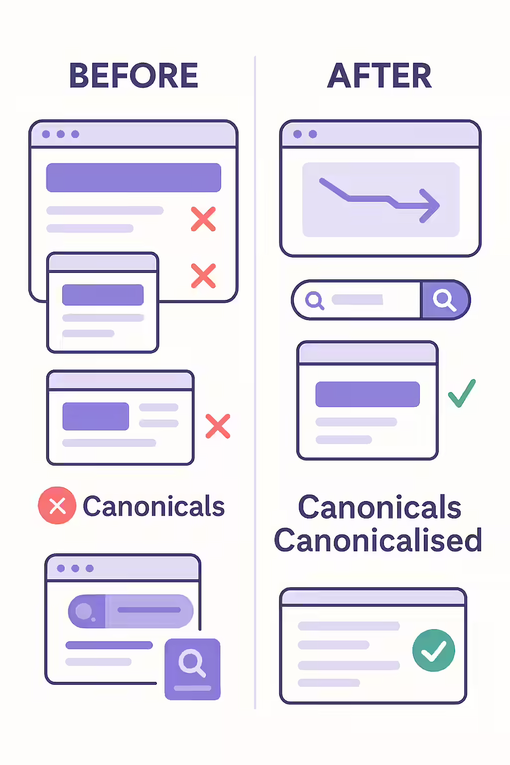 The SEO Seal of Approval: Understanding 'Canonicalised' 1 A large, green checkmark, symbolizing the positive status of a 'canonicalised' page.