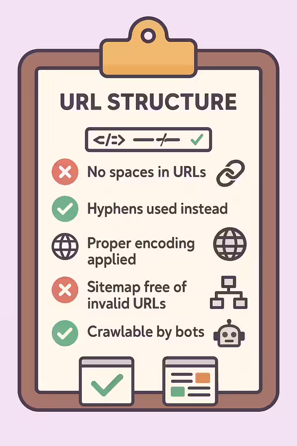 The Tangled Web: A Guide to Spaces in URLs 2 An illustration of a checklist, symbolizing the importance of making sure your website is free of spaces in URLs.