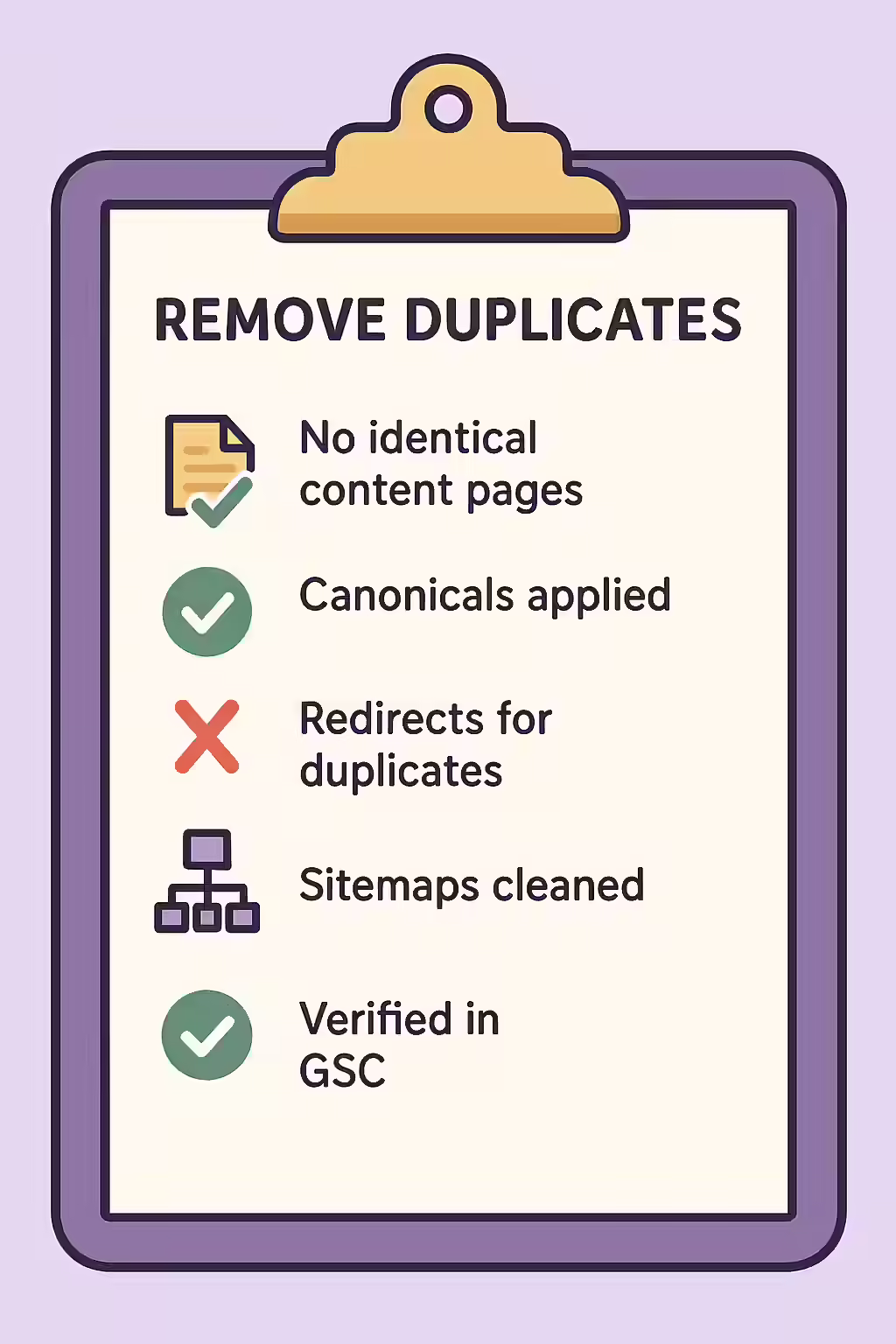 An illustration of a checklist, symbolizing the importance of making sure your website is free of exact duplicates.