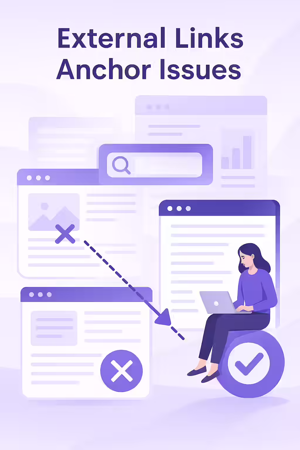 An illustration of a magnifying glass over a link, highlighting the importance of descriptive anchor text.