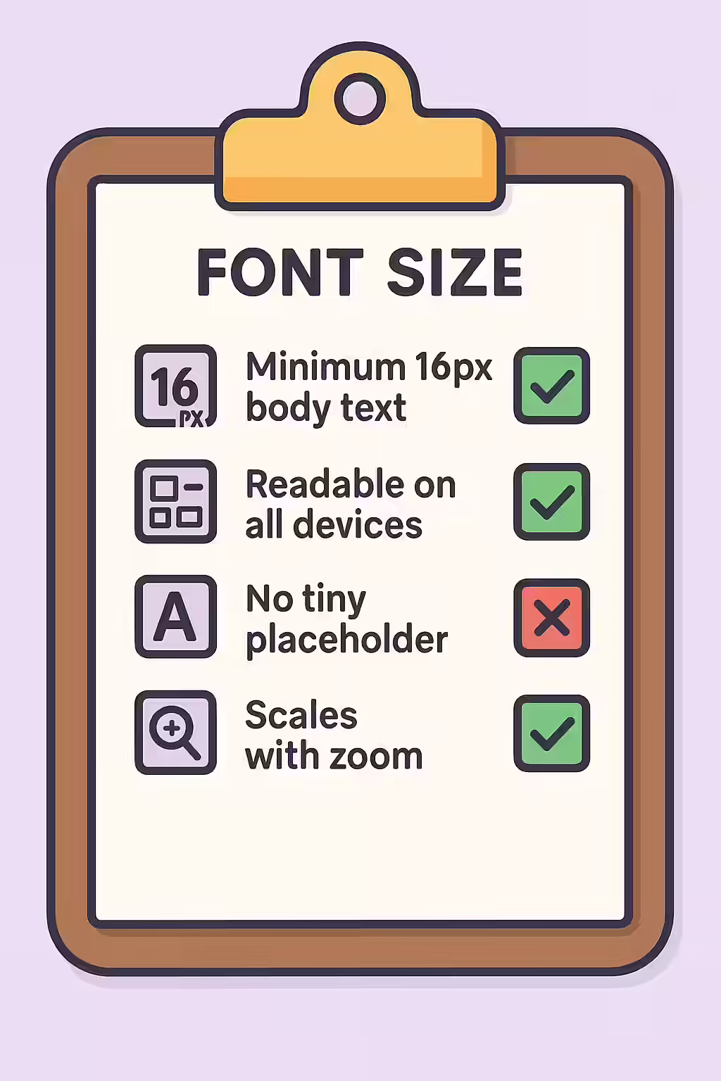 The Ant-Sized Text: A Guide to Fixing Illegible Font Sizes for SEO 2 An illustration of a checklist for ensuring legible font sizes, spacing, and contrast.