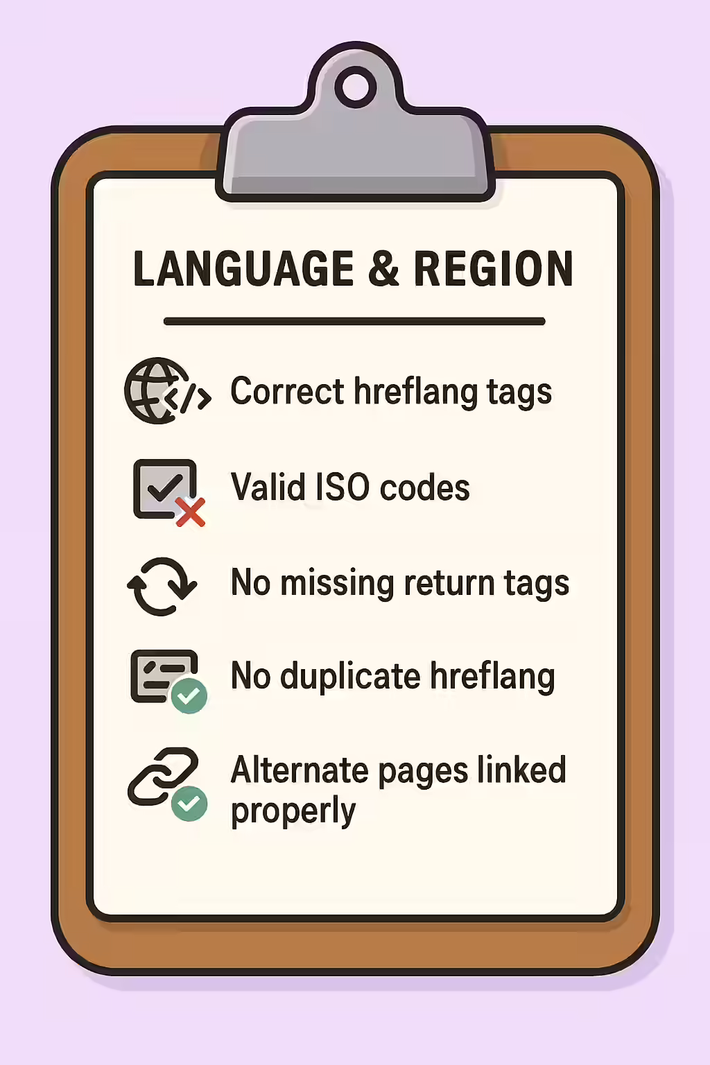 Speaking the Right Language: A Guide to Correct Hreflang Codes 2 An illustration of a checklist for verifying correct hreflang language and region codes.