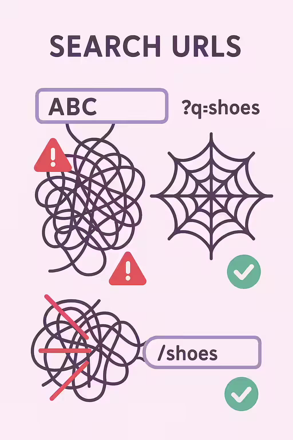 An illustration of a tangled web, symbolizing the chaos of indexed internal search URLs.