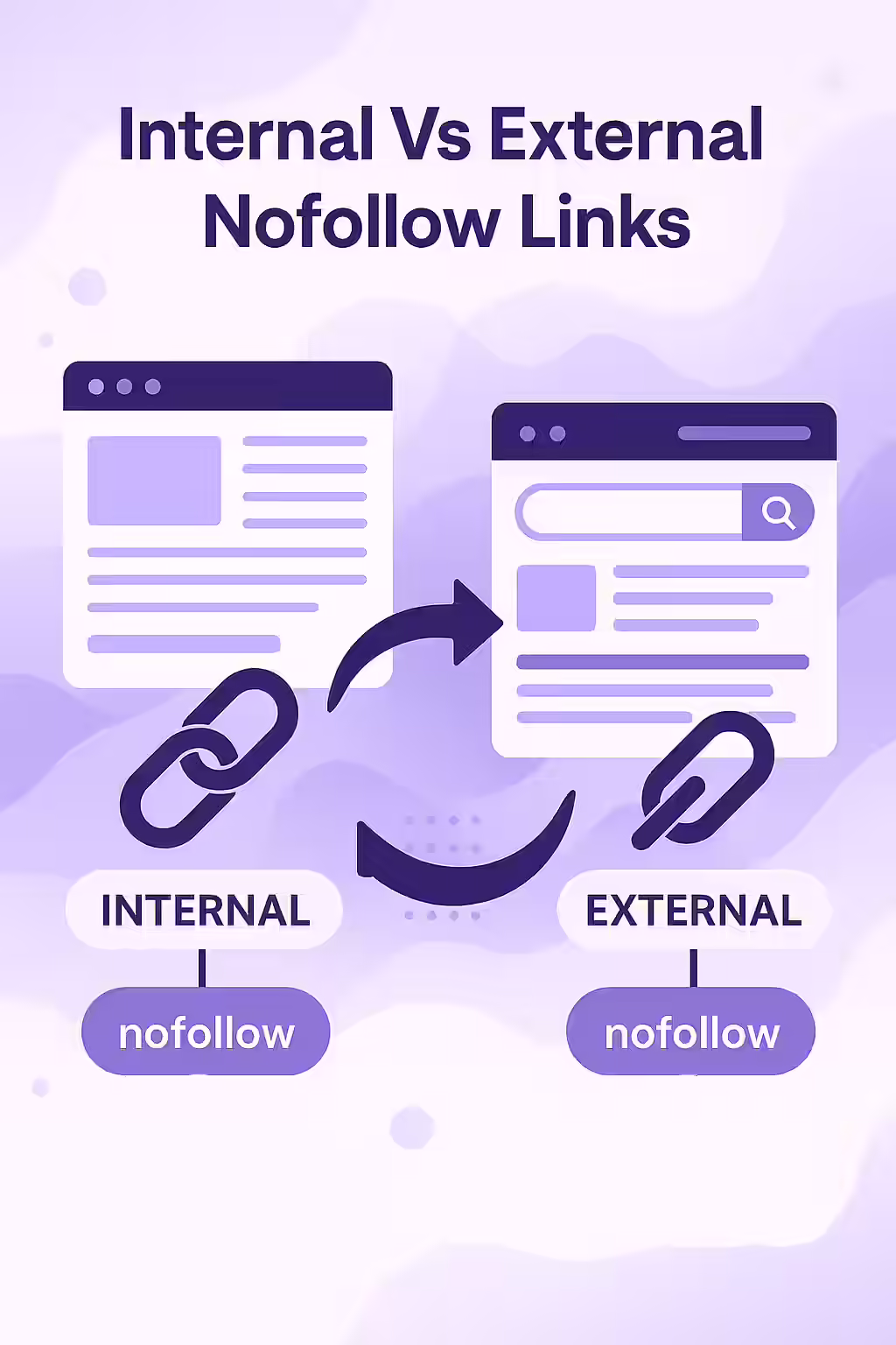 Internal vs. External Nofollow Links: A Guide to Link Equity 1 An illustration showing a 'nofollow' attribute correctly applied to an external link but incorrectly to an internal link.