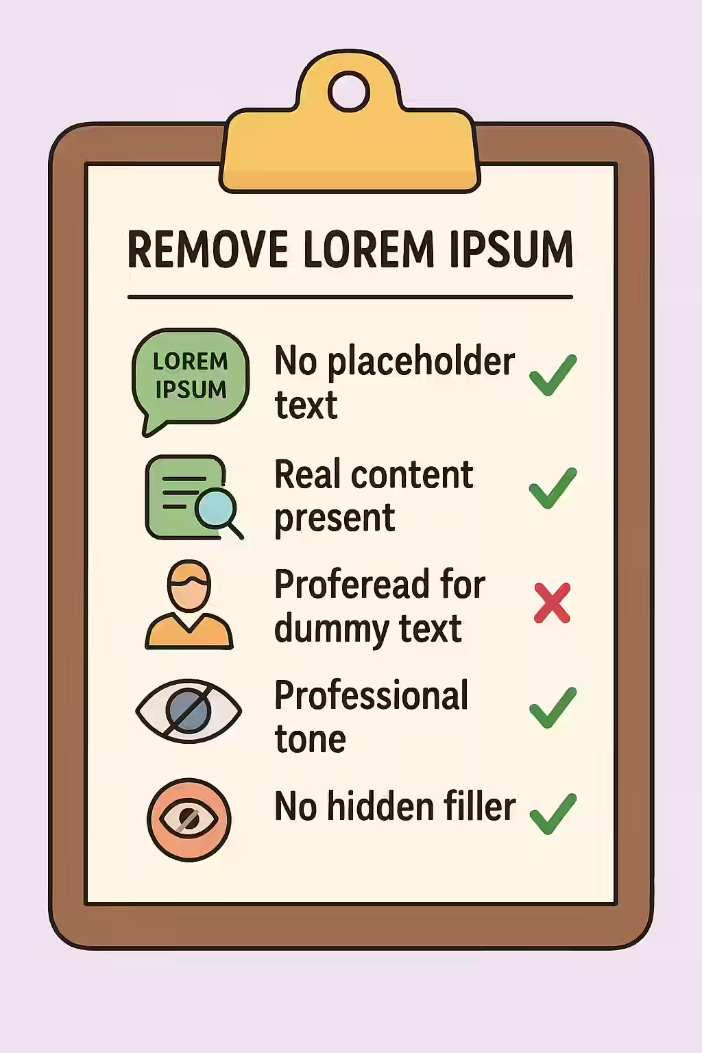 The Placeholder Problem: A Guide to Removing Lorem Ipsum from Your Site 2 An illustration of a checklist for finding and removing lorem ipsum text from a website.