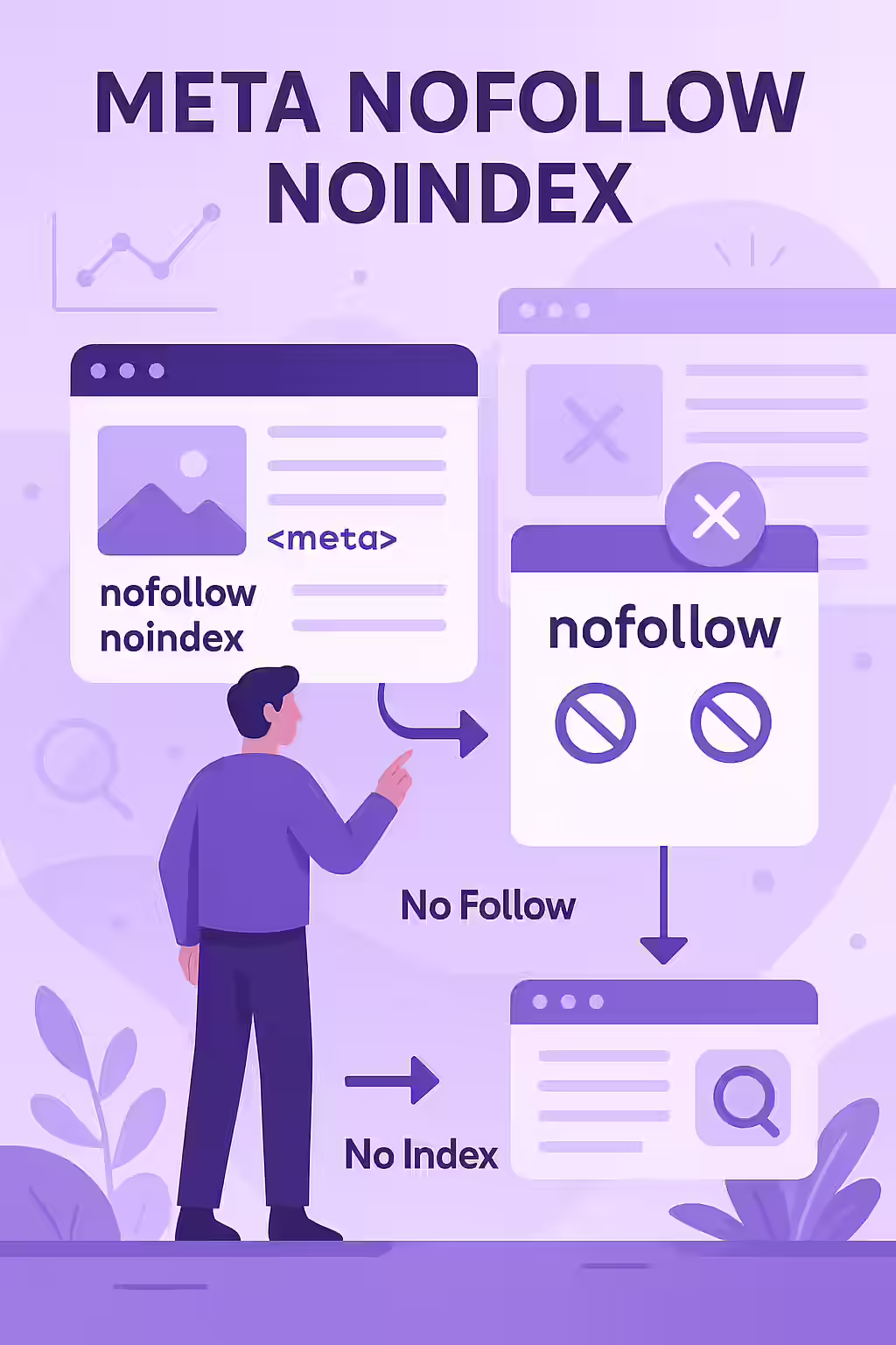 Noindex vs. Nofollow: A Guide to Controlling Search Bots 1 An illustration showing a search engine bot being stopped by a 'noindex' sign on one page, and ignoring the links on a page with a 'nofollow' sign.