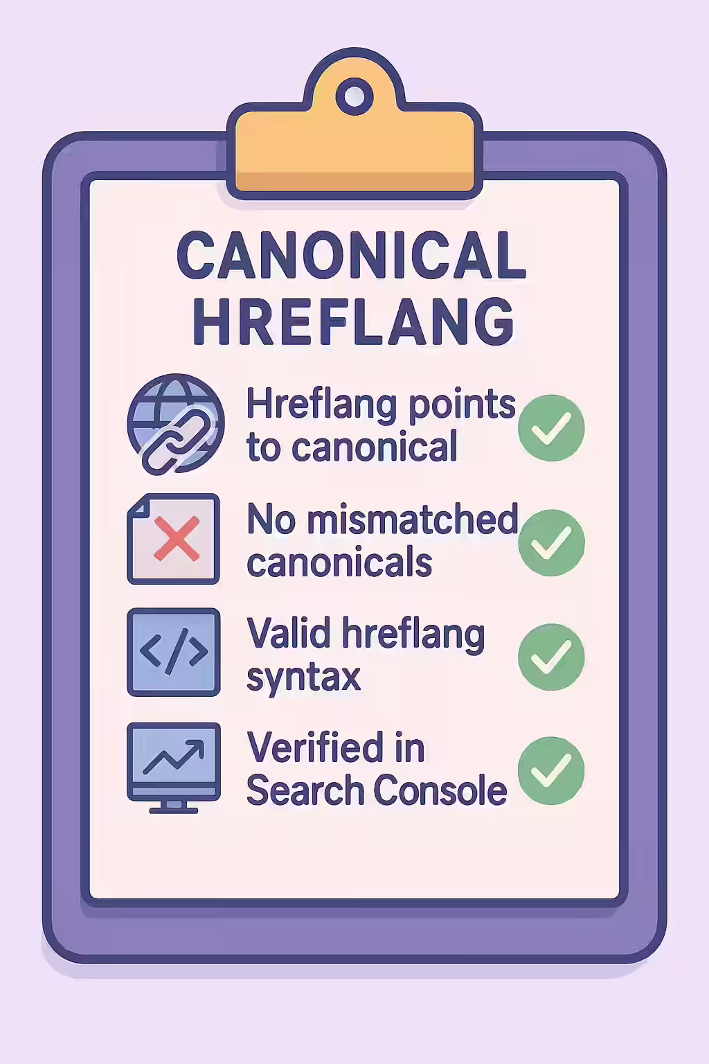 The Two-Faced Page: A Guide to Not Using Canonical in Hreflang 2 An illustration of a checklist, symbolizing the importance of making sure your website is free of not using canonical in hreflang.