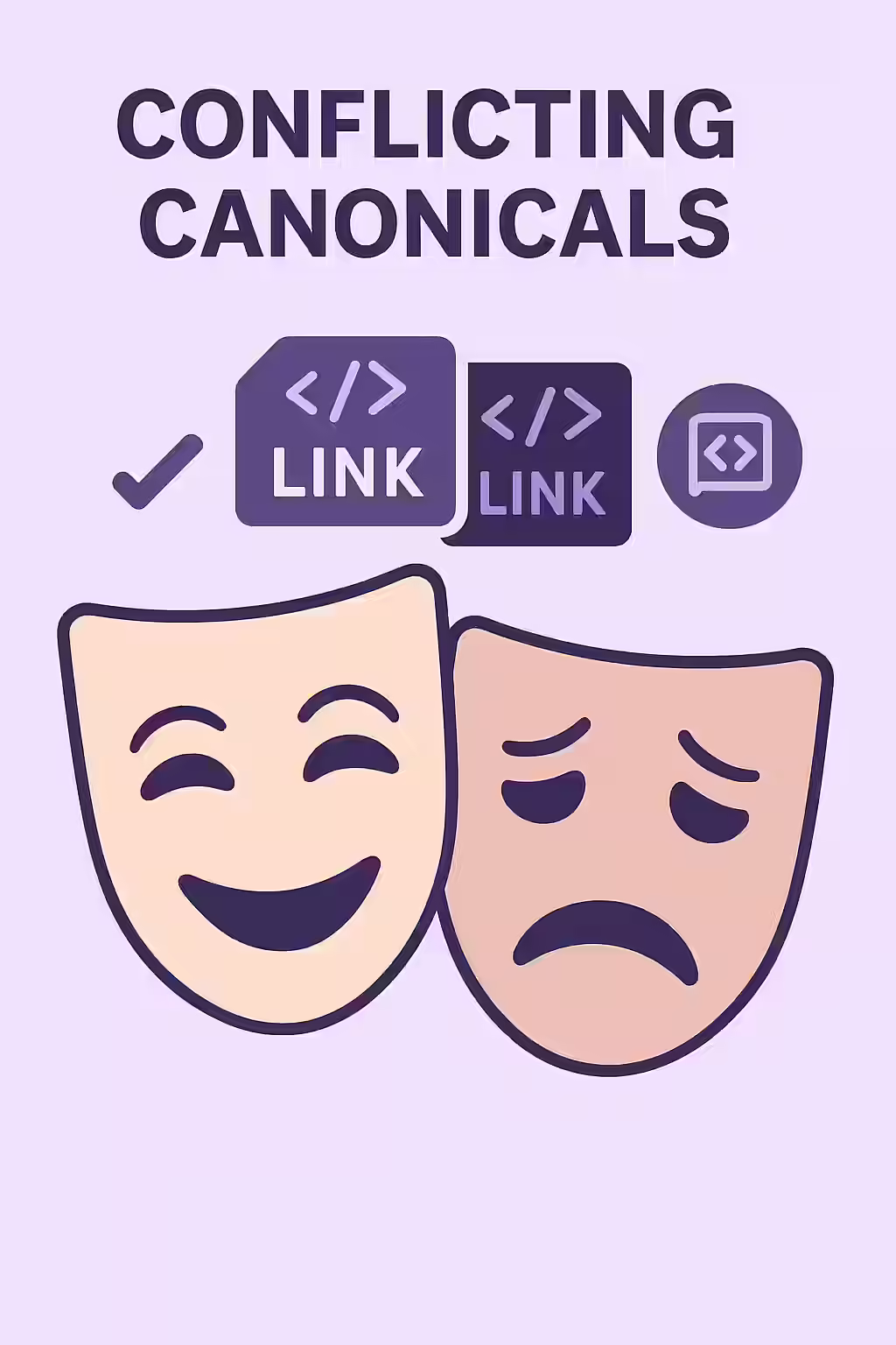 The Two-Faced Page: A Guide to Not Using Canonical in Hreflang 1 An illustration of two masks, symbolizing the importance of fixing not using canonical in hreflang.