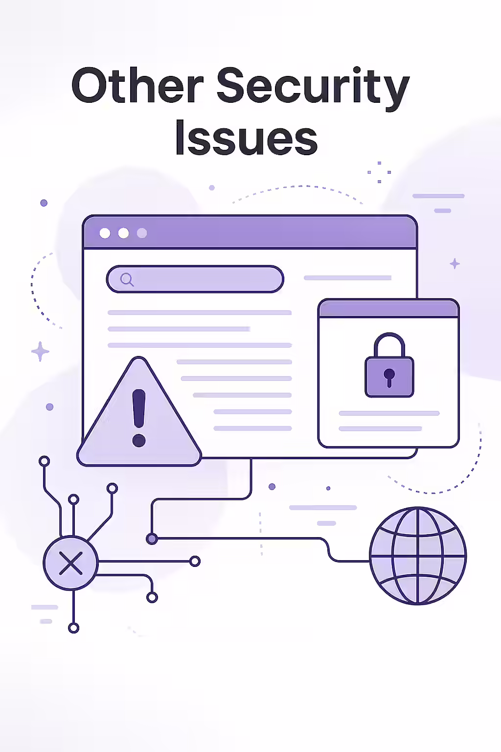 Beyond the Basics: A Guide to Common Website Security Issues 1 An illustration showing a website protected by a shield, with various security threats bouncing off it.