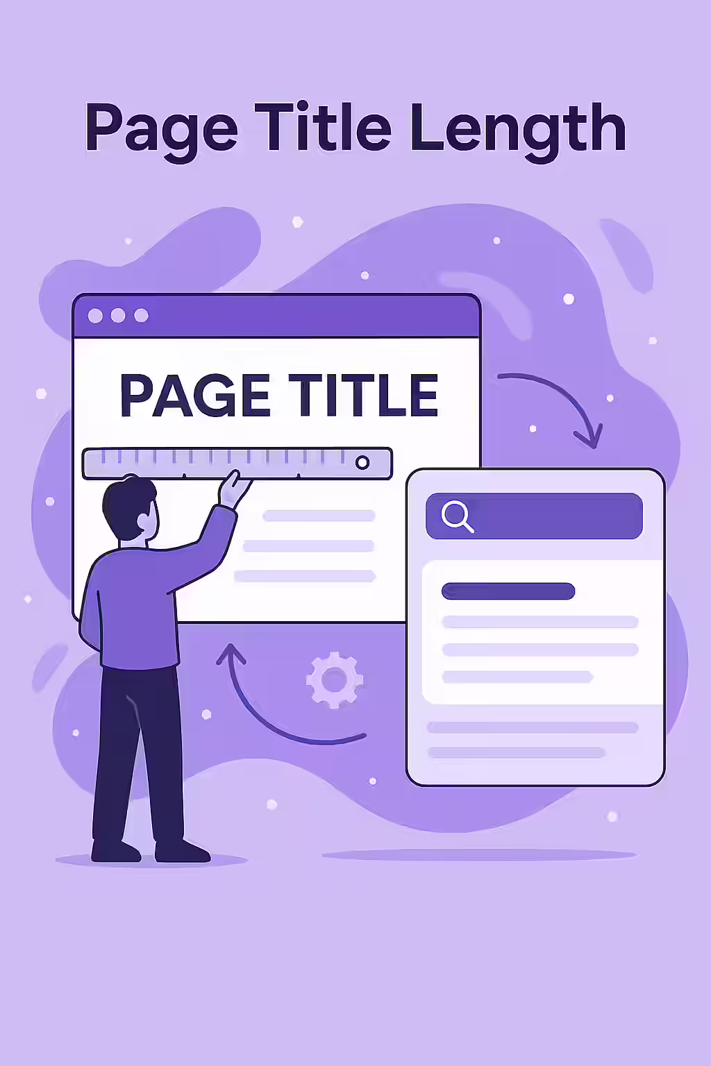 An illustration showing a short, clear page title fitting perfectly in a search result, while a long one is cut off with an ellipsis.