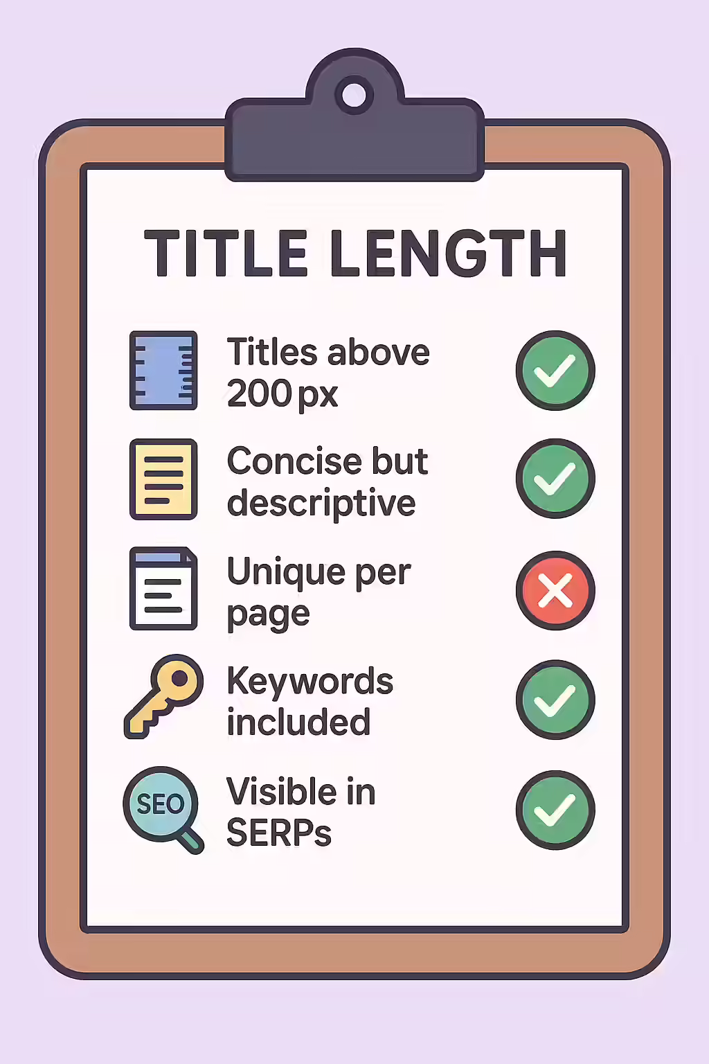 The Short Story: A Guide to Page Titles Below 200 Pixels 2 An illustration of a checklist, symbolizing the importance of making sure your website is free of page titles below 200 pixels.