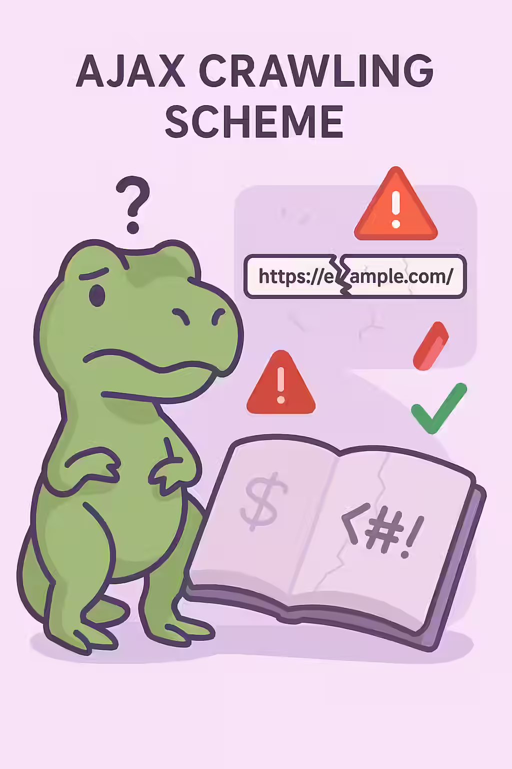 The Ghost of Geocities Past: A Guide to Old AJAX Crawling Scheme URLs 1 An illustration of a dinosaur, symbolizing the deprecated status of old AJAX crawling scheme URLs.