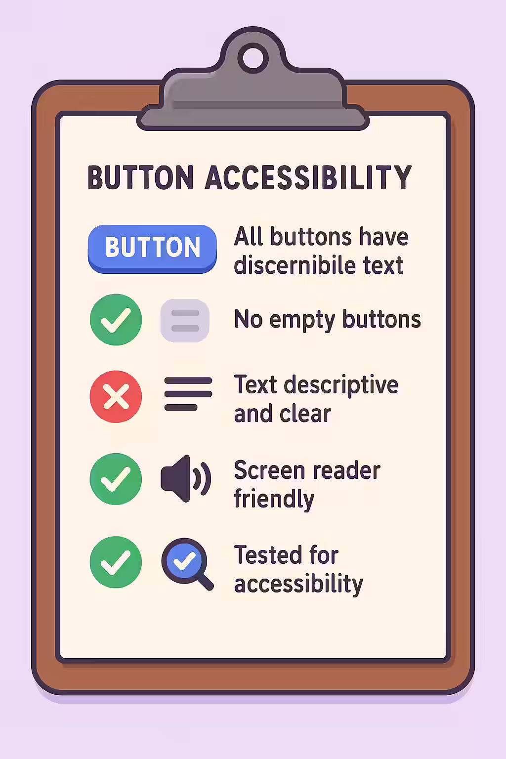 What's in a Name? A Guide to Discernible Text for Buttons 2 An illustration of a checklist, symbolizing the importance of making sure your buttons have discernible text.