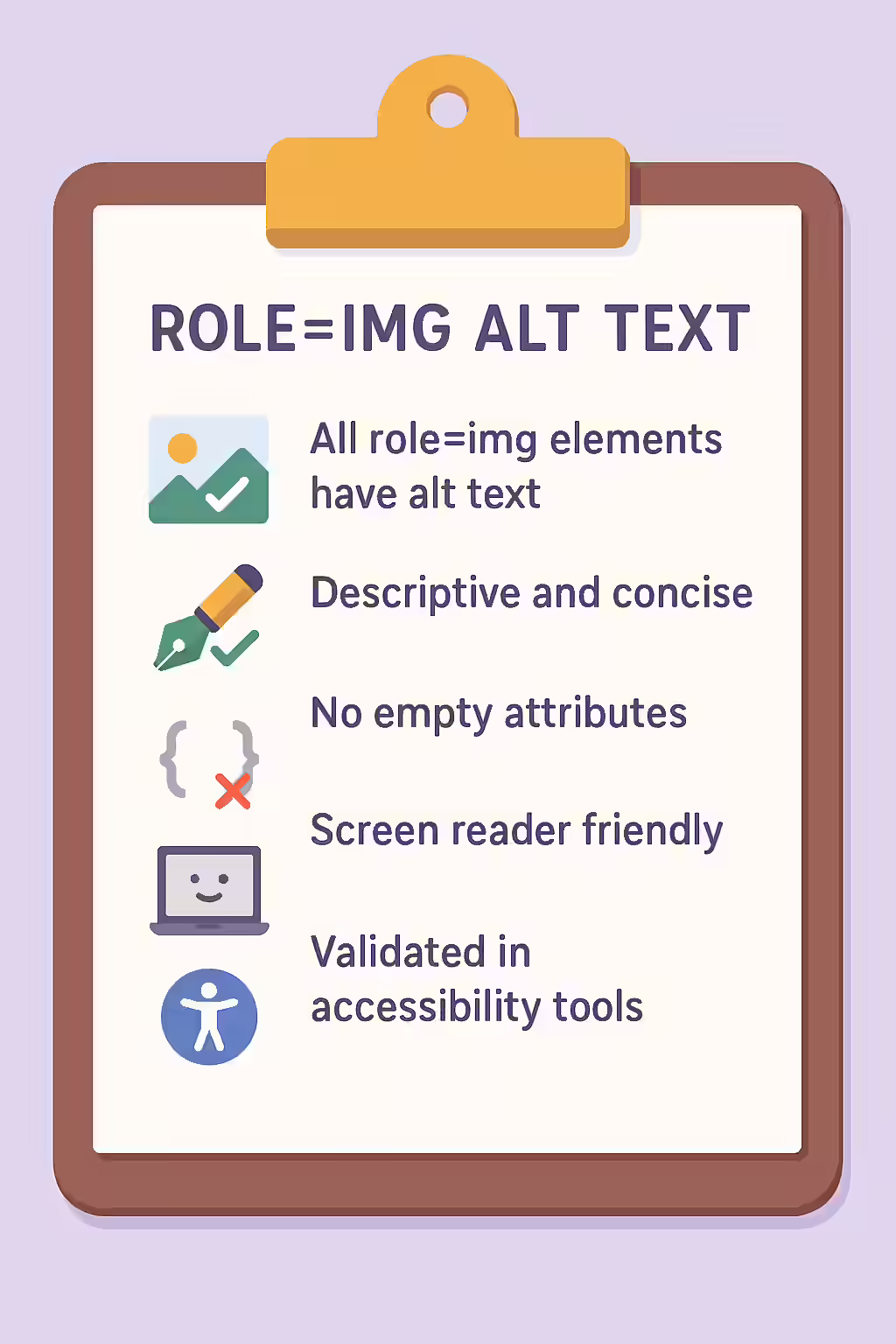A Thousand Words: A Guide to Alternate Text for role=img 2 An illustration of a checklist, symbolizing the importance of making sure your elements with role=img have alternate text.