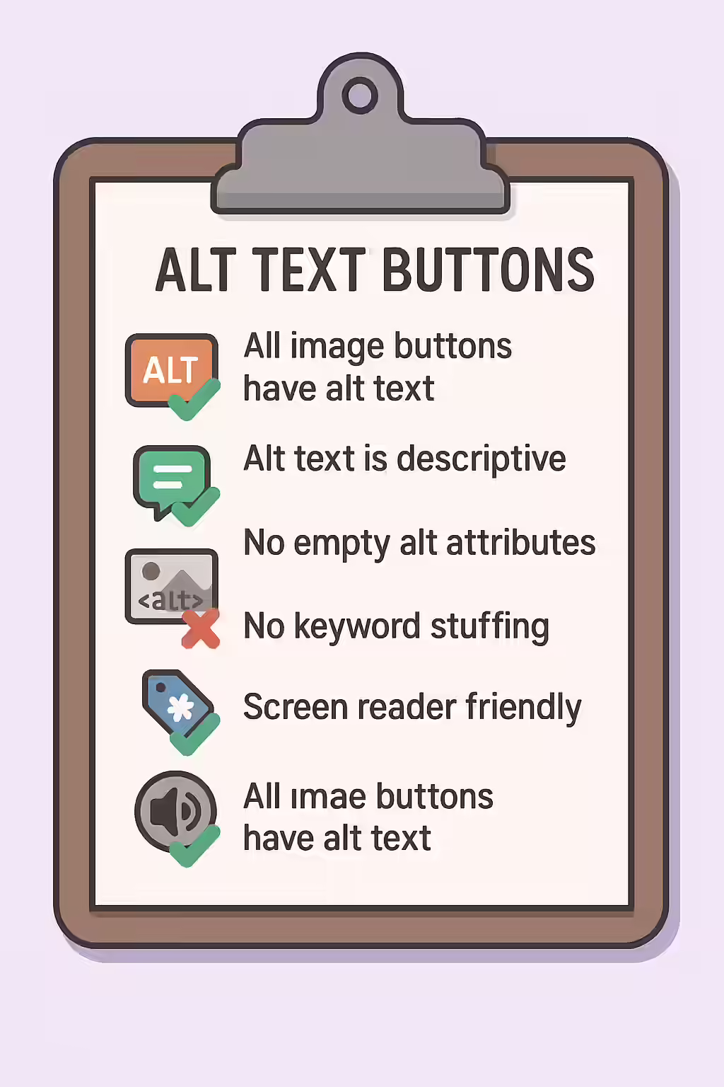 A Thousand Words: A Guide to Alternate Text for Image Buttons 2 An illustration of a checklist, symbolizing the importance of making sure your image buttons have alternate text.