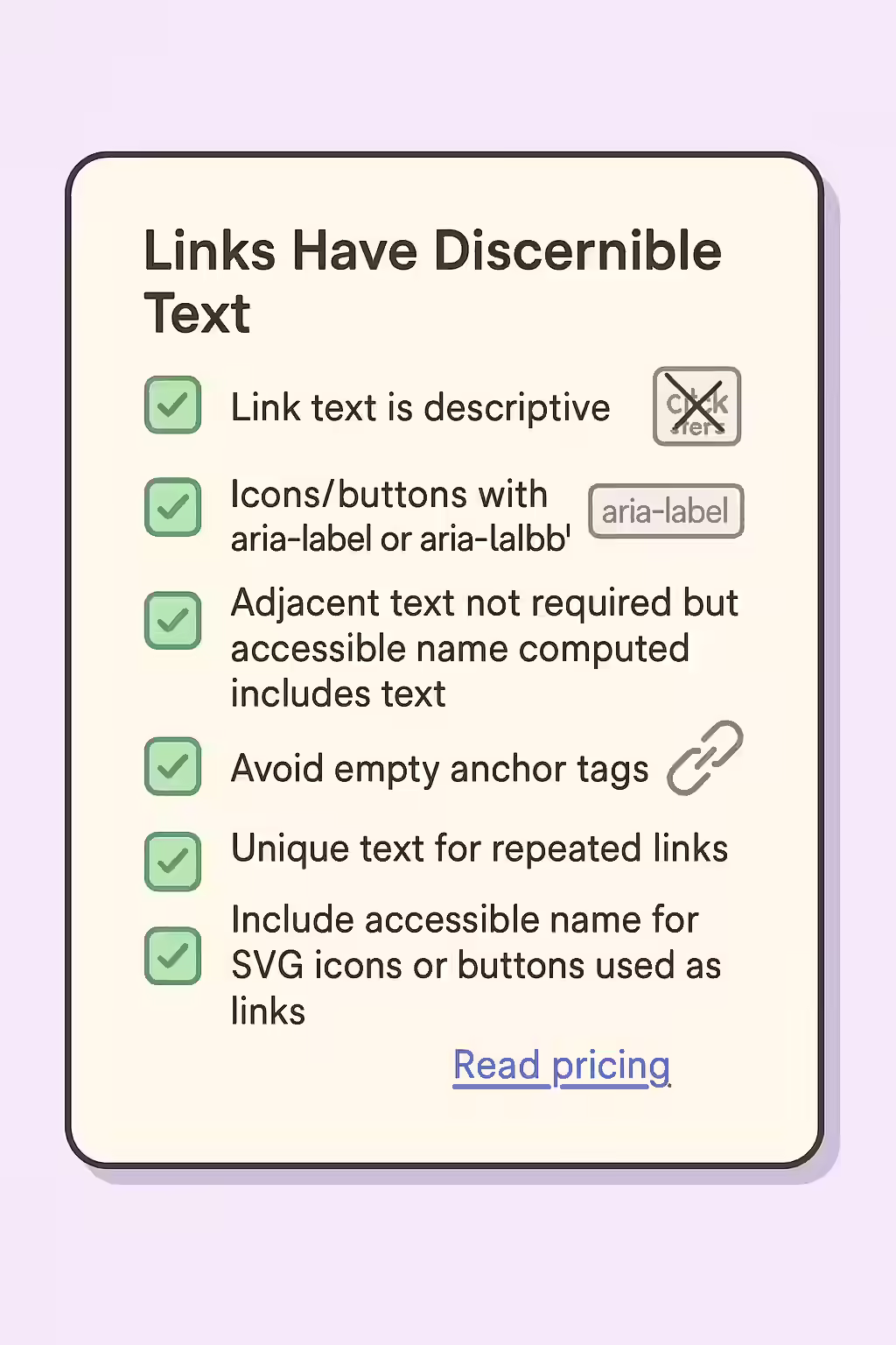 What's in a Name? A Guide to Discernible Text for Links 2 An illustration of a checklist, symbolizing the importance of making sure your links have discernible text.