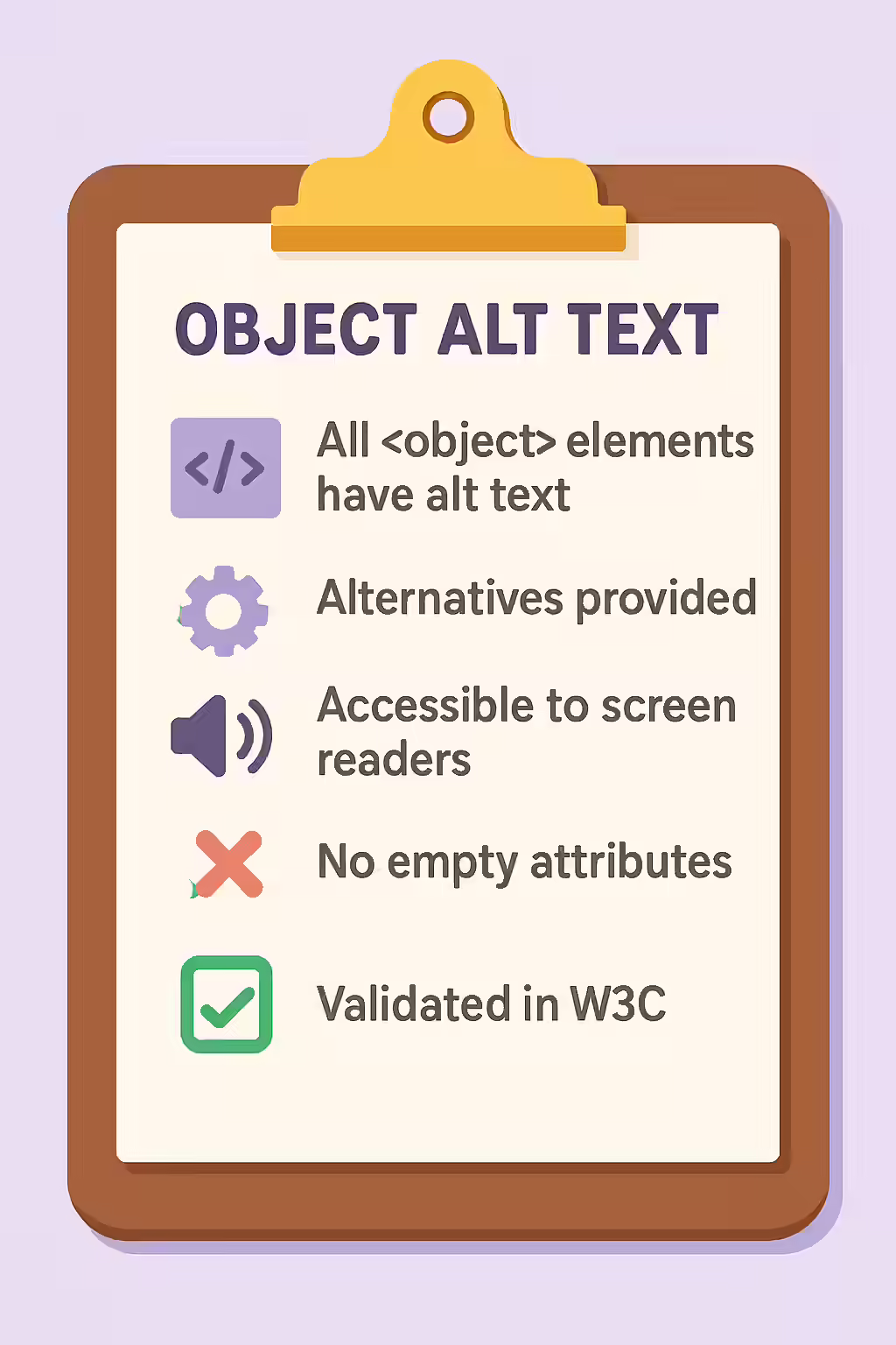 An illustration of a checklist, symbolizing the importance of making sure your object elements have alternate text.