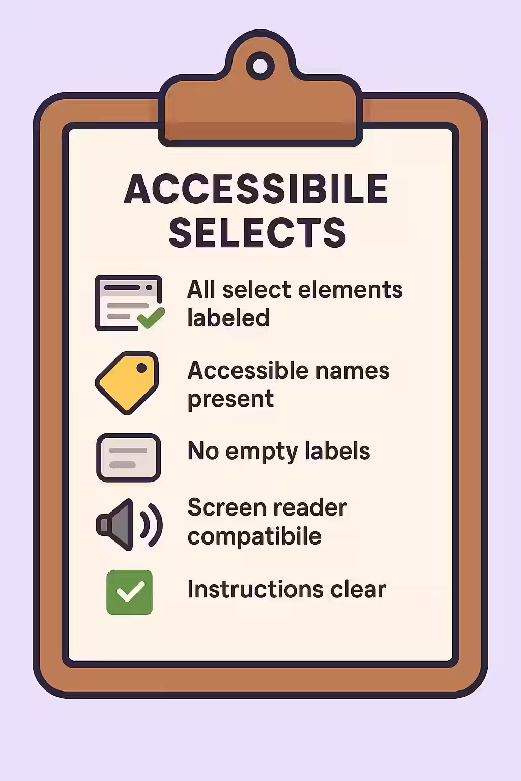 What's in a Name? A Guide to Accessible Select Elements 2 An illustration of a checklist, symbolizing the importance of making sure your select elements have accessible names.