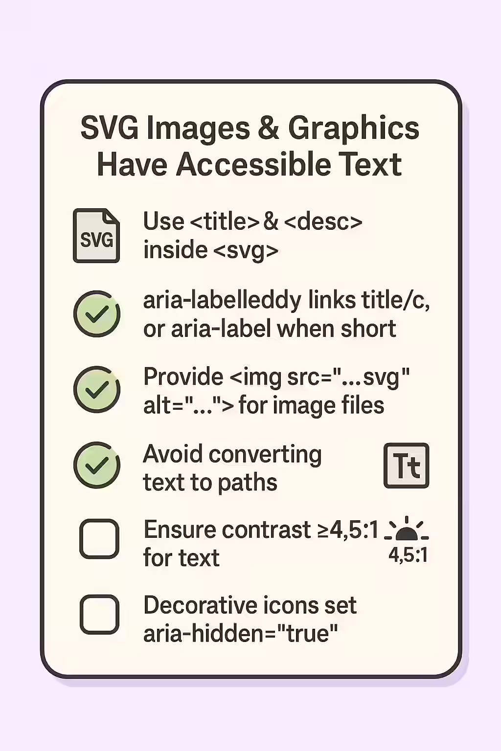 A Thousand Words: A Guide to Accessible Text for SVG Images 2 An illustration of a checklist, symbolizing the importance of making sure your SVG images and graphics have accessible text.