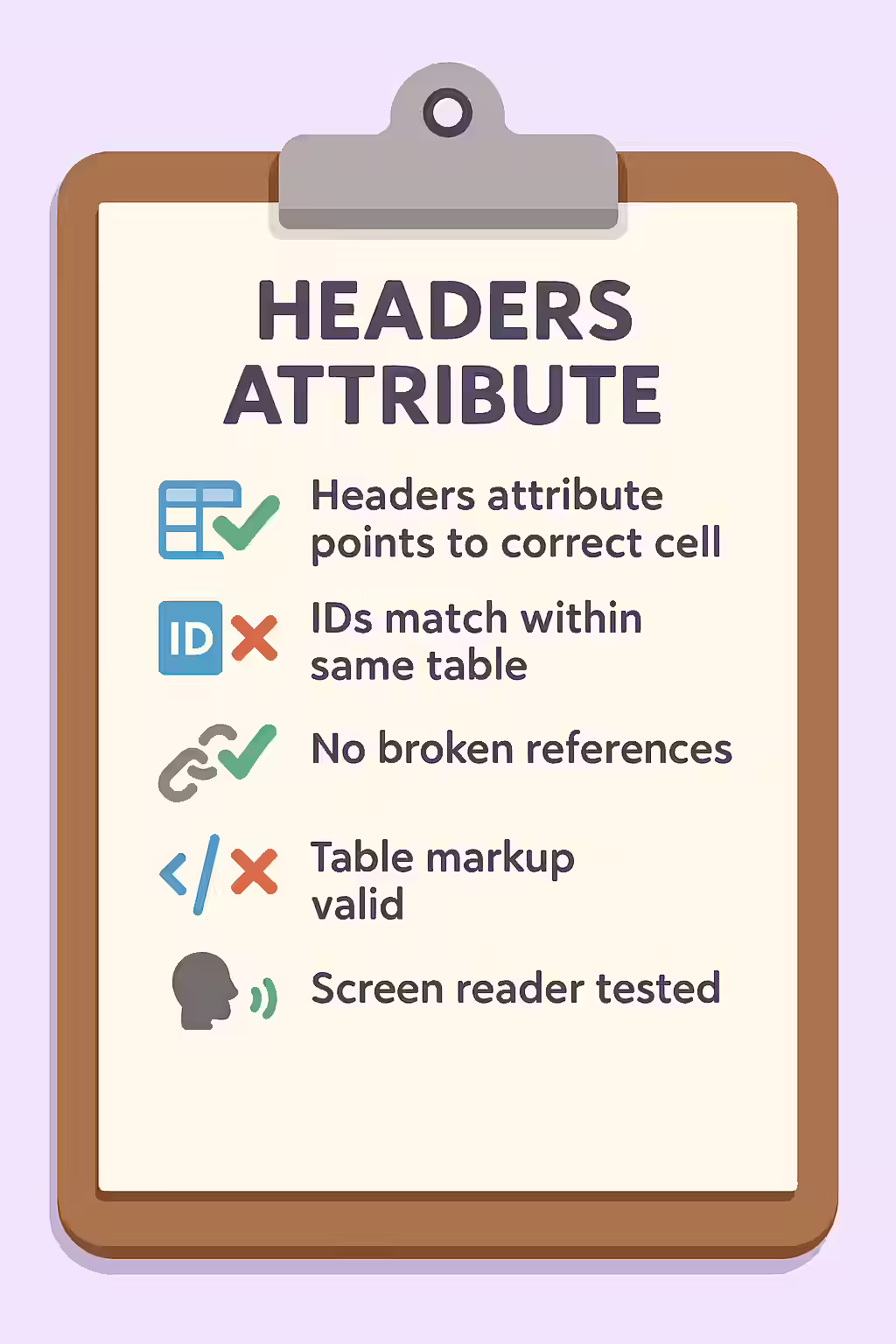 Keeping it in the Family: A Guide to the 'headers' Attribute 2 An illustration of a checklist, symbolizing the importance of making sure your 'headers' attribute refers to a cell in the same table.
