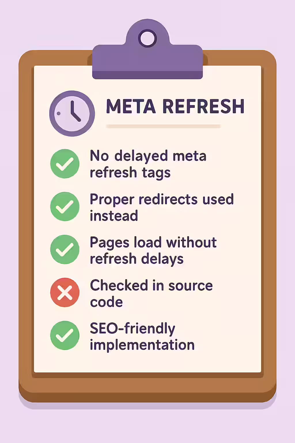 The Unwanted Detour: A Guide to Delayed Meta Refreshes 2 An illustration of a checklist, symbolizing the importance of making sure you are not using delayed meta refreshes.