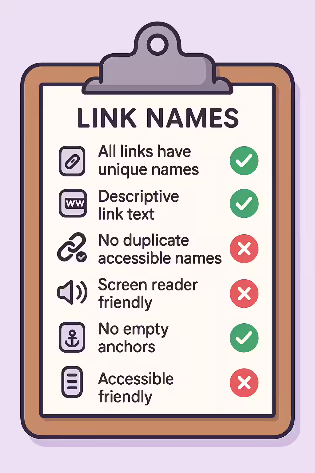 The Two-Faced Link: A Guide to Links with the Same Accessible Name 2 An illustration of a checklist, symbolizing the importance of making sure your links have a unique accessible name.