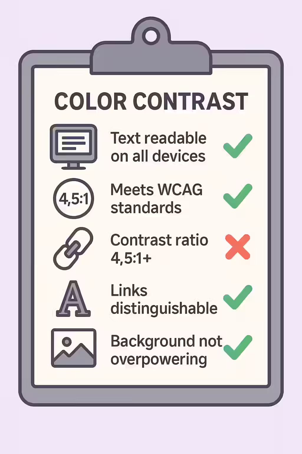 The Readable Rainbow: A Guide to Color Contrast Ratios 2 An illustration of a checklist, symbolizing the importance of making sure your text has a high color contrast ratio to the background.